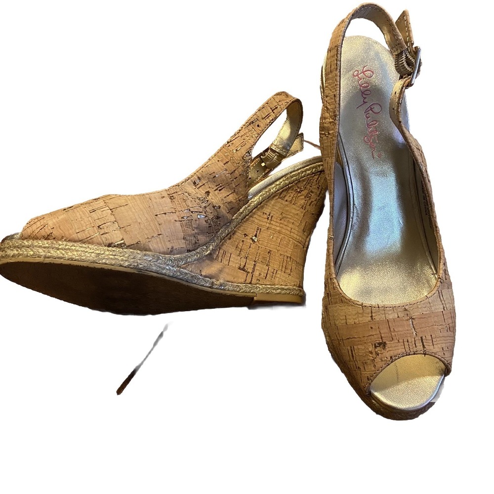 Lilly Pulitzer Krisie Cork Wedge 3" Sz 6.5 Boho Real Cork Sexy Sleek Gold Accent